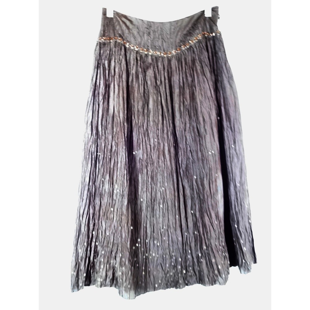 Vintage Silk Midi Skirt Women Size S Brown Beaded Sequin Boho Fairycore